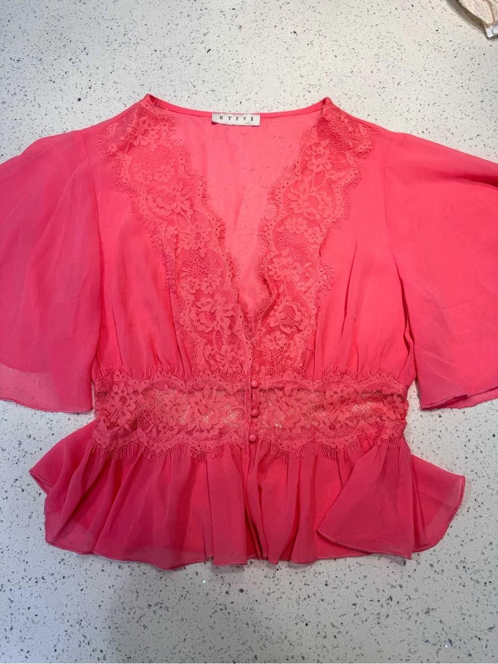 HYFVE Coral Lace-Trim Peplum Blouse